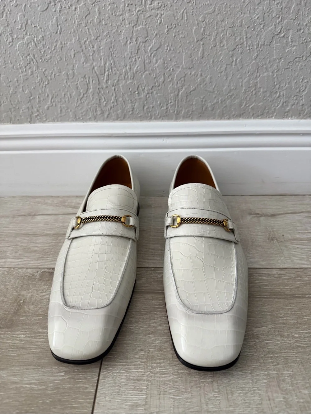 Tom Ford bailey White Croc-Embossed white Leather Loafers Gold Chain men 11.5